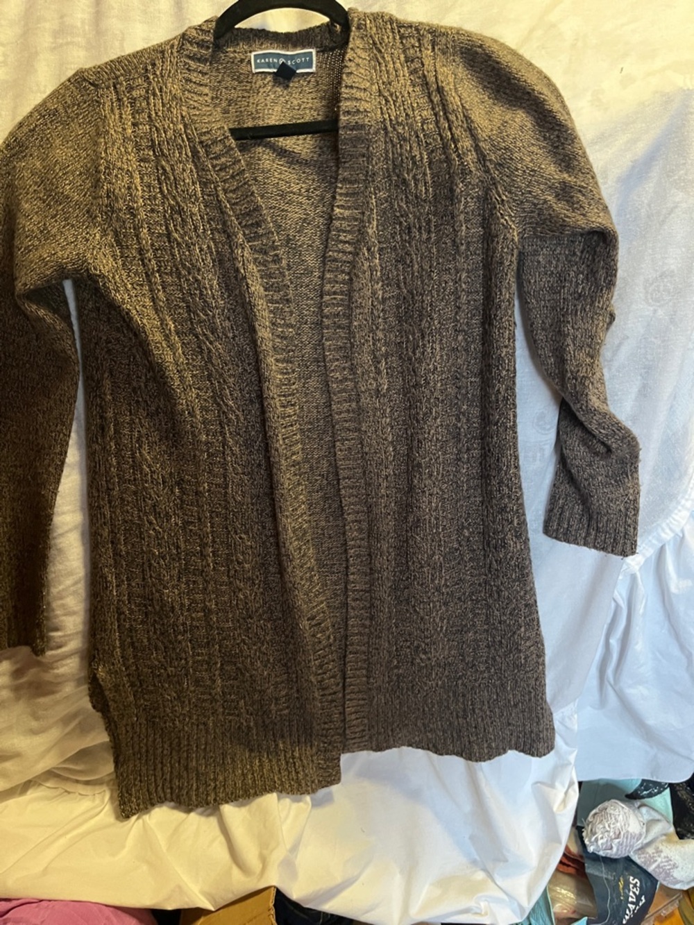 Karen Scott Brown Open-Front Cable Knit Women's Sweater Small 16”-20”PTP